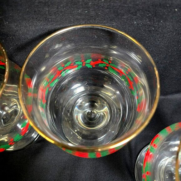Set (6) Libbey Holly Berry Champagne Sherbet Goblets Gold Rim Christmas Glasses - Picture 9 of 16